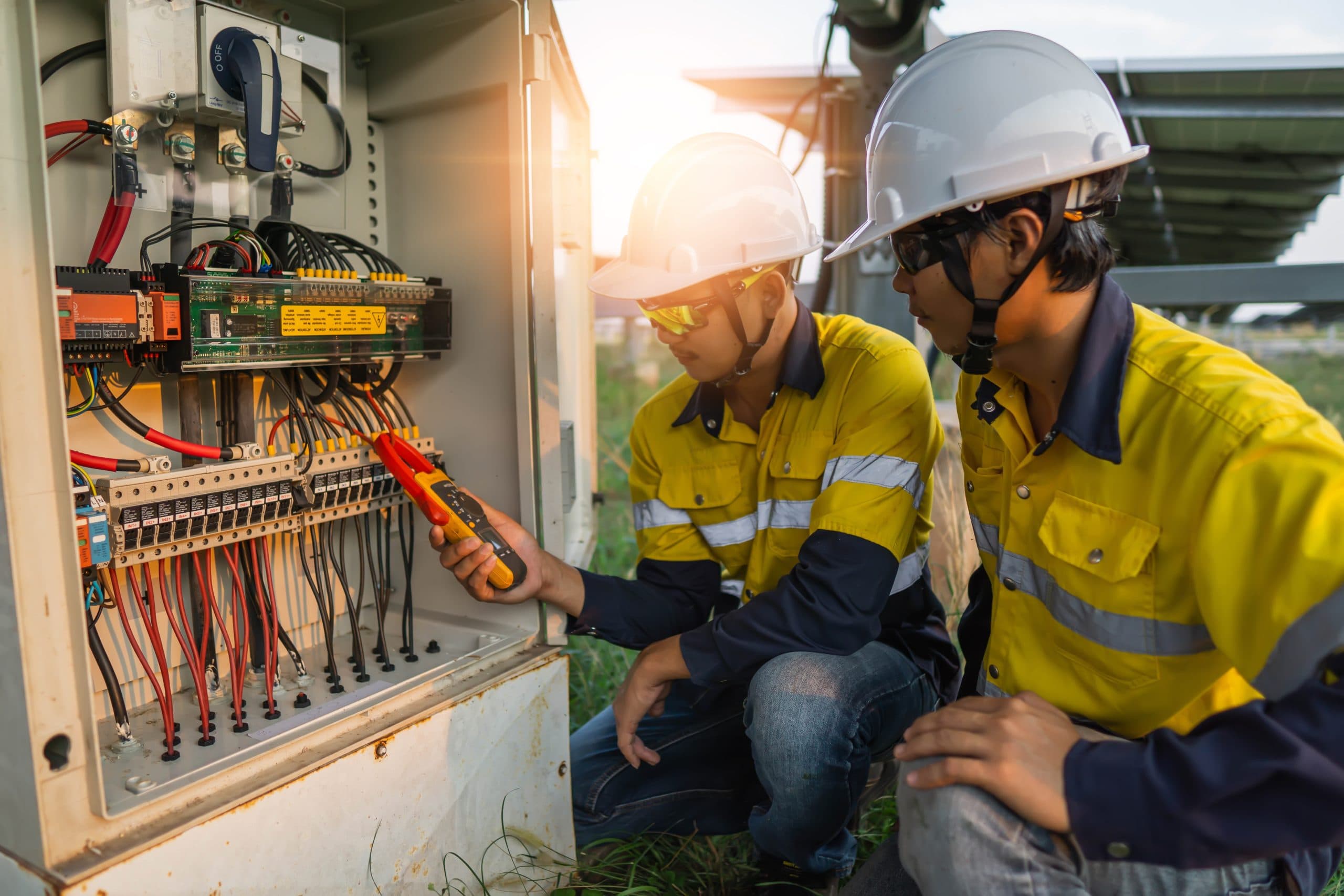 Electrician working on a commercial wiring panel
